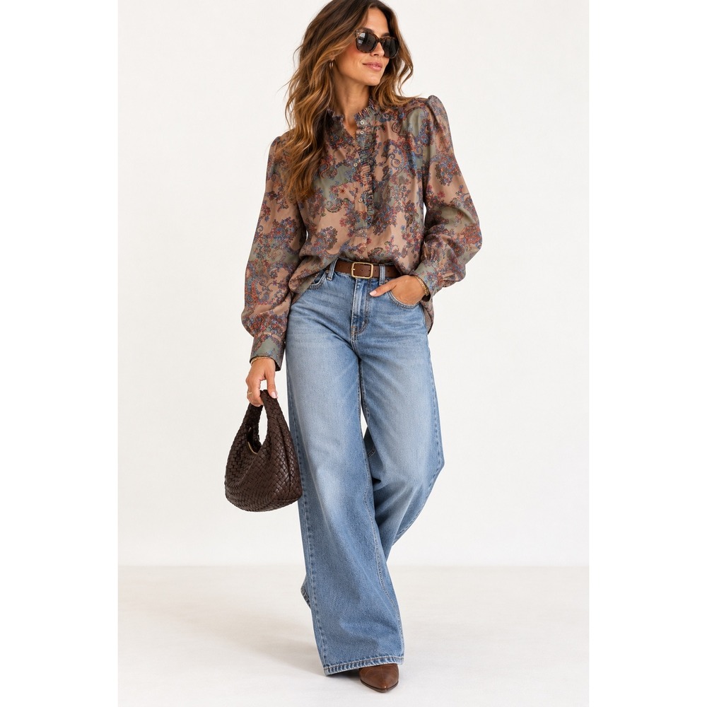Current Air Los Angeles Paisley Ruffle Neck Button Front Blouse Olive Mauve L